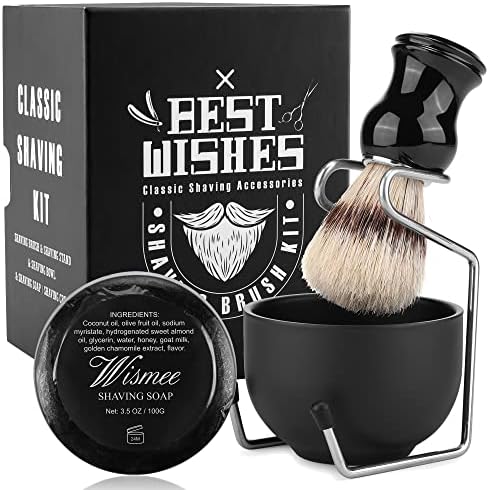 Wismee Men's Shaving Brush Set Boar Bristle Hair Shaving Brush, Stainless Steel Shaving Bowl & Stand, 3.5Oz Shaving Soap Wet Shaving Cleaning Tool Birthday Father Day Gifts for Him Men